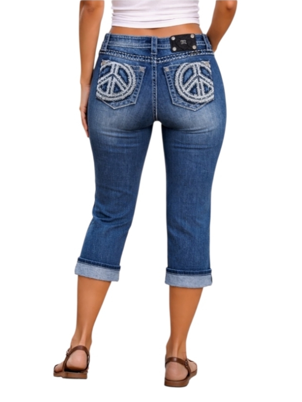 NWT Miss Me Mid-Rise Cuffed Capri  Denim Jeans with Embroidered Peace Signs